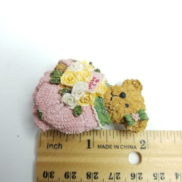 Vintage Bear in A Pink Dress with Flowers, Mothers Day Spring Pastel Brooch Pin - Picture 3 of 6